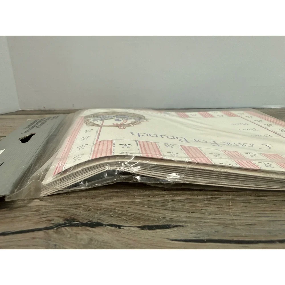 Vintage CR Gibson Come For Brunch Invitations Floral Basket Pink Stripe 8 Count
